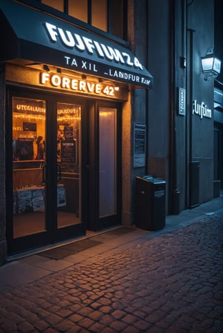 General shot of the door of the trendy nightclub in the city, after closing. ((The club lights are already off)). The street is almost deserted. Dawn begins to illuminate the streets. ((Two tired, disheveled girls in club clothes wait at the edge of the sidewalk for a taxi to arrive)). ((ultra 4k, 8k, high quality,HDR, photo realistic, casual photo, photorealistic, 8k UHD, high quality, Film grain, Fujifilm XT3)), photo r3al,Landskaper, text "FOREVER 42" text