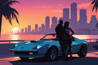 GTA (Grand Theft Auto) style image, silhouettes of a boy and a girl leaning on the hood of a sports car, with the background of a city inspired by Vice City, at sunset. (Trendy illustration, Perfect composition),  (Best quality, 8k, UHD Masterpiece:1.2), detailed background, intricate details,
