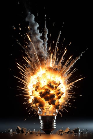 (explosion of a lit tungsten bulb that bursts violently into glass fragments:1.8), in the midst of the absolute darkness in which it floats, surrounded by wisps of smoke, intricate design, photorealistic, hyper-realistic, high definition, extremely detailed, cinematic, UHD, HDR, 32k, ultra hd, realistic, dark muted tones, highly detailed, perfect composition, beautiful intricate detailing incredibly detailed octane rendering, trending on artstation,DonMn1ghtm4reXL,Explosion Artstyle