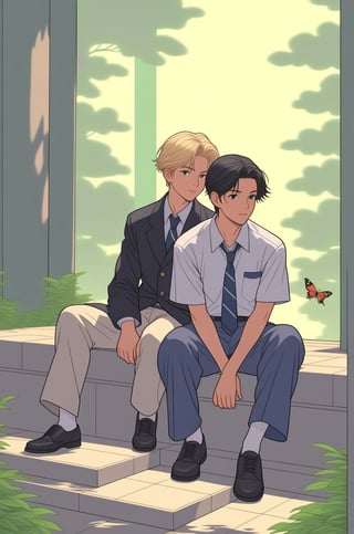 cel-shaded, Golden-haired high school boy sitting with a black-haired Japanese boy, centered within a garden, surrounded by cicadas present in the scene, sun rays filtering through foliage casting a wistful ambiance, both characters attired in meticulously detailed school uniforms, depicted in a color pencil cover illustration, evoking the aesthetic of a yaoi manga by Monokubo, incorporating elements of romance, youth, and an encapsulating natural environment, highly detailed, nijistyle,<lora:659095807385103906:1.0>