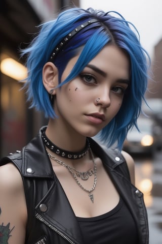  a character with a punk aesthetic, featuring electric blue hair in a messy bob cut. The character should have a confident, playful expression with a half-smile, dark makeup including winged eyeliner and a nose piercing. They should wear punk-inspired accessories such as a black leather choker with silver studs, and a layered silver chain necklace with a unique pendant. The character's outfit includes a black leather vest over a band tee, with patches and studs, ripped black jeans, and combat boots. They should have several tattoos with punk symbols on their arms. The background is an alleyway with vibrant street art, and the lighting should be moody with neon signs reflecting off the wet ground, suggesting a recent rain.