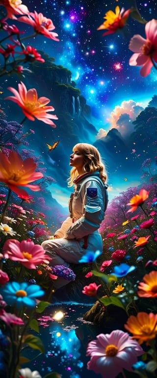 ((Taylor Swift
Singer and composer))
,Astronauts,Focus on Men,Airplane cloud made of flowers,Magic flowers Forest,starry Night sky, moon, fireflies, waterfalls, 
(Masterpiece, Best Quality, 8k:1.2), (Ultra-Detailed, Highres, Extremely ,Strong Backlit Particles,astronaut_flowers