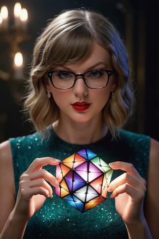 photo of Taylor Swift putting together a Rubick's cube, impressive facial details, half body, fantasy, highly detailed and realistic cube, mystical, mysterious, detailed glasses, concentrated, he is focused looking at the cube, natural facial expression, concentrated, eerie, dark particle atmosphere, light reflected from the side plane, highly detailed expressive eyes, detailed hands, rubick with vivid colors, soft fog in the environment, incredible light contrast, focused sharpness, cinematic, dramatic, divine, masterpiece, 8k, volumetric , reality pushed to the extreme,HDR,hyperrealistic baroque style,Extremely realistic,cheerful,photorealistic,SD 1.5,xxmixgirl