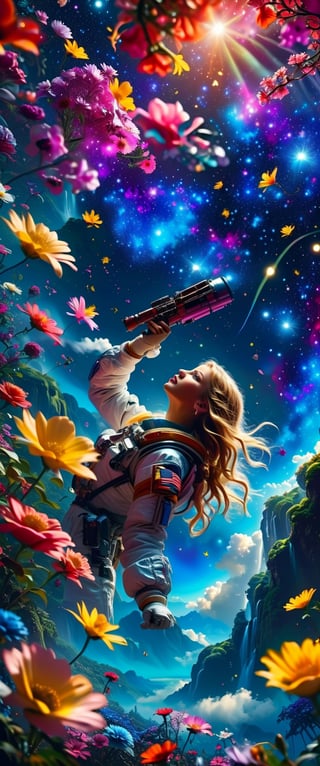 ((Taylor Swift
Cantante y compositora))
,Astronauts,Focus on Men,Airplane cloud made of flowers,Magic flowers Forest,starry Night sky, moon, fireflies, waterfalls, 
(Masterpiece, Best Quality, 8k:1.2), (Ultra-Detailed, Highres, Extremely ,Strong Backlit Particles,astronaut_flowers