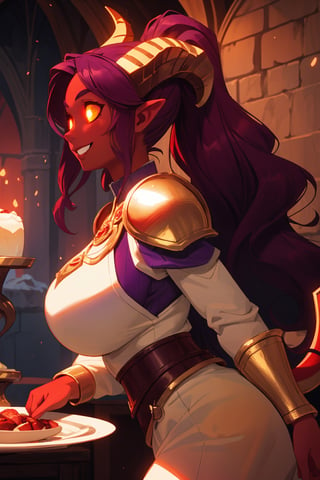 masterpiece, best quality, ultra-detailed, 1girl, mature face, draenei, breasts, ((long purple hair, wavy hair, ponytail)), medieval plate armor, chestplate, paldrons, cathedral background, volumetric lighting, intricate details, sharp focus, hyper detailed, perfect hands, (smiling), ((glowing eyes, gold eyes)), (colored skin, red skin:1.5), (horns, tail), side view,