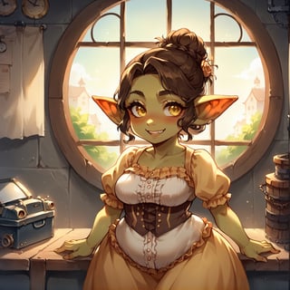 score_9, score_8_up, score_7_up, score_6_up, source_cartoon, rating_safe, highly detailed, goblin girl, adult, shortstack, curvy figure, plump, Victorian dress, steampunk, brown hair, updo, yellow eyes, smile, blushing, in a workshop,