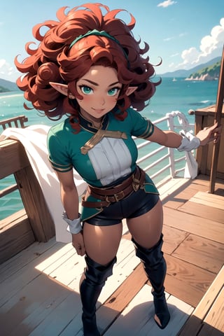 1girl, solo, ((elf ears)), tanned, (((tan skin, dark skin))), curvy figure, wide hips, thick thighs, medium breasts, full lips, ((red hair, big hair, elaborate curls), green eyes, ((shortstack, short)),

fantasy style, (ruffled shirt), (leather pants, knee high boots), sash around waist, sexy, revealing clothing, smirking, 

on the deck of a wooden ship, ((dynamic angle)), from above,