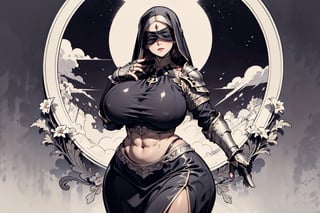 a fantasy nun, ((knight armor, pauldrons, vambraces, gauntlets)), revealing clothing, (milf, curvy figure, wide hips, gigantic breasts, thicc, musclular, biceps, abs), ((covered eyes, veil over eyes)), 2d fantasy ink illustration with an art nouveau background, EpicArt, (monochrome), milfication, contraposto, dynamic pose,