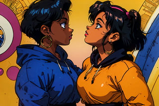 (masterpiece), best quality, beautiful, plump woman, mature, ((dark skin, colored skin)), full lips, expressive eyes, perfect face, goth, curvy figure, (undercut hair), (((undercut hairstyle))), 

wearing black hoodie, (revealing clothing), gothic outfit, intricately detailed, vibrant colors, 80s and 90s anime style, 1980s retro anime, retro fashion, mature