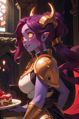 masterpiece, best quality, ultra-detailed, 1girl, mature face, draenei, (colored skin, red skin:1.5), breasts, ((purple hair)), (long wavy hair, ponytail), medieval plate armor, chestplate, paldrons, cathedral background, volumetric lighting, intricate details, sharp focus, hyper detailed, perfect hands, (smiling), ((glowing eyes, gold eyes)), (horns, tail), (side view)