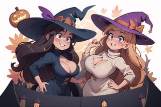 best quality,  masterpiece),  2girls,  mature,  cute,  curvy figure, tall, petite, small breasts, wide hips, thick thighs, autumn,  halloween,  sweater dress,  witches,  huge witch hat,  smile,  blush,   

inboxDollPlaySetQuiron style, b1mb0, ((dynamic angle)),