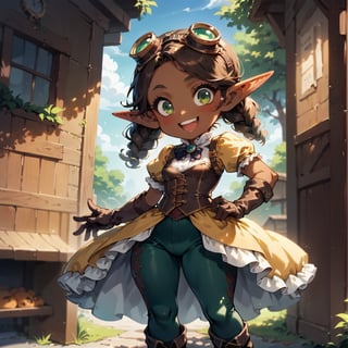score_9, score_8_up, score_7_up, score_6_up, source_cartoon, rating_questionable, highly detailed, shortstack elf girl, dark skin, small breasts, wide hips, Victorian steampunk trousers and vest, knee high boots, leather elbow gloves, medium brown hair, green eyes, smile, excited, in a workshop, goggles, 