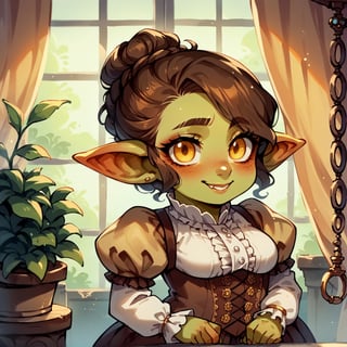 score_9, score_8_up, score_7_up, score_6_up, source_cartoon, rating_safe, highly detailed, goblin girl, adult, shortstack, curvy figure, plump, round face, Victorian steampunk clothes, brown hair, updo, yellow eyes, smile, blushing, in a workshop,