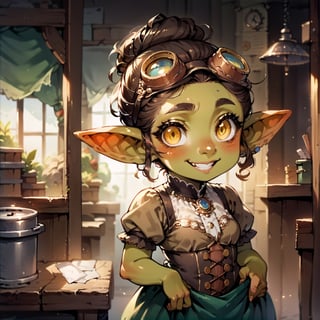 score_9, score_8_up, score_7_up, score_6_up, source_cartoon, rating_questionable, highly detailed, goblin girl, adult, shortstack, curvy figure, plump, round face, Victorian steampunk clothes, brown hair, updo, yellow eyes, smile, blushing, in a workshop, goggles, 