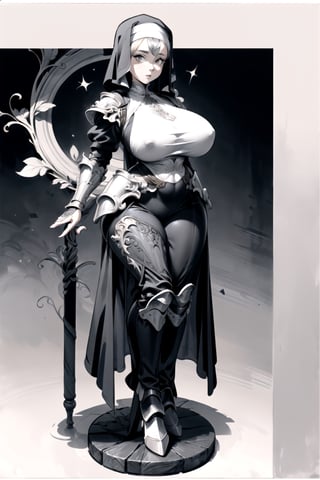 a fantasy nun, ((ornate full body armor)), (milf, curvy figure, wide hips, gigantic breasts, thicc), 2d fantasy ink illustration with an art nouveau background,, EpicArt, (monochrome), milfication,