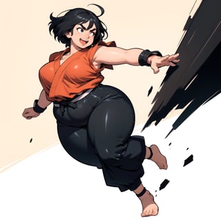masterpiece, best quality, mature female, plump, martial artist monk, action pose, short black hair, thick eyebrows, tan skin, baggy pants, action pose, excited, happy, ((dynamic angle)), dojo background, ((manga style illustration)), monochome, sfr1v genderbend