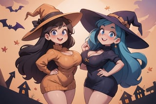 best quality,  masterpiece),  2girls,  mature,  cute,  curvy figure, tall, petite, small breasts, wide hips, thick thighs, autumn,  halloween,  sweater dress,  witches,  huge witch hat,  smile,  blush,   

inboxDollPlaySetQuiron style, b1mb0, ((dynamic angle)),