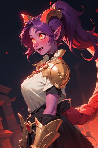 masterpiece, best quality, ultra-detailed, 1girl, mature face, draenei, ((colored skin, red skin:1.5)), breasts, ((purple hair)), (wavy hair, ponytail), golden medieval armor, chestplate, paldrons, priestess robes, cathedral background, volumetric lighting, intricate details, sharp focus, hyper detailed, perfect hands, (smiling, fangs), ((glowing eyes, gold eyes)), (horns, tail), side view,