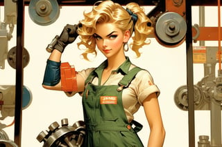 Anime artwork. strong female mechanic in overalls, painting, art by J.C. Leyendecker, anime style, key visual, vibrant, studio anime,  highly detailed,LaxpeintXL