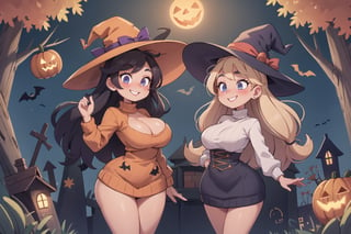 best quality,  masterpiece),  2girls,  mature,  cute,  curvy figure, tall, petite, small breasts, wide hips, thick thighs, autumn,  halloween,  sweater dress,  witches,  huge witch hat,  smile,  blush,   

inboxDollPlaySetQuiron style, b1mb0,  