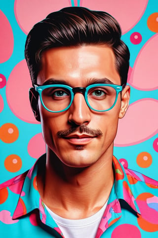 A psychedelic illustration of a beautiful man with perfectly smooth glasses, t-shirt design, cartoon WITH COLORS, TURQUOISE, PINK, LIGHT BLUE, BLACK AND ORANGE