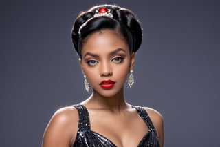 Midnight Majesty: A black woman with sleek black hair styled in a vintage updo and mesmerizing hazel eyes gazes confidently into the camera. She's adorned in a shimmering black dress and red lipstick.
