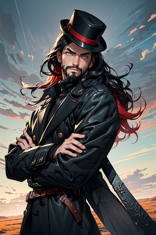 (anime style) , glowing red eyes, {{{facial hair, beard, black haired}}}, thick eyebrows , fit body, 25 years old, mature, charming, alluring, dejected, calm eyes, (standing), (upper body in frame), winter scenery, snow on plains, grey blue cloudy sky, dawn, only1 image, perfect anatomy, perfect proportions, perfect perspective, 8k, HQ, (best quality:1.5, hyperrealistic:1.5, photorealistic:1.4, madly detailed CG unity 8k wallpaper:1.5, masterpiece:1.3, madly detailed photo:1.2), (hyper-realistic lifelike texture:1.4, realistic eyes:1.2), picture-perfect face, perfect eye pupil, detailed eyes, realistic, HD, UHD, (front view, symmetrical picture, vertical symmetry:1.2) ,weapon , A portrait of a handsome man in slick collared red armored trenchcoat , wearing a red fedora, neck-length wavy hair , full beard , white background, serious face expression, red eyes , wearing a thin black turtleneck , reddish hair,The Dark Huntsman ,black steel cane ,sword on the back , blend, bright eyes , green flames , black boots , black gloves , hand in the pocket , torso shot ,weapon , reddish hairshade , 