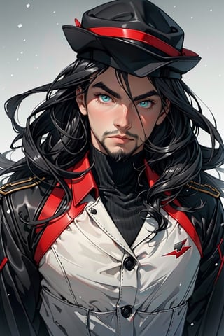 (anime style) , glowing red eyes, {{{facial hair, beard, black haired}}}, thick eyebrows , fit body, 25 years old, mature, charming, alluring, dejected, calm eyes, (standing), (upper body in frame), winter scenery, snow on plains, grey blue cloudy sky, dawn, only1 image, perfect anatomy, perfect proportions, perfect perspective, 8k, HQ, (best quality:1.5, hyperrealistic:1.5, photorealistic:1.4, madly detailed CG unity 8k wallpaper:1.5, masterpiece:1.3, madly detailed photo:1.2), (hyper-realistic lifelike texture:1.4, realistic eyes:1.2), picture-perfect face, perfect eye pupil, detailed eyes, realistic, HD, UHD, (front view, symmetrical picture, vertical symmetry:1.2) ,weapon , A portrait of a handsome man in slick collared red armored trenchcoat , wearing a red fedora, neck-length wavy hair , full beard , white background, serious face expression, red eyes , wearing a thin black turtleneck , reddish hair,The Dark Huntsman ,black steel cane ,sword on the back , blend, bright eyes , green flames , black boots , black gloves , hand in the pocket , torso shot ,weapon , reddish hairshade , ,weapon