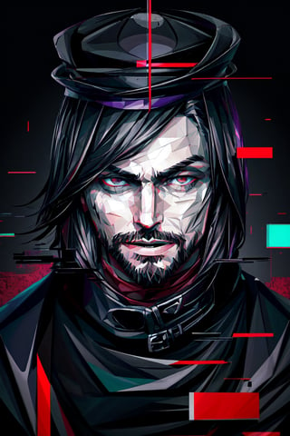 (masterpiece),a portrait of a handsome man  , wavy neck-length black hair , red eyes, thin beard, turtleneck , slick collared trench coats ,wearing black glove , wearing a black fedora , 25 years old of age, evil smile face expression ,bokeh , depth_of_field , glitching ,low ploy, red green purple cyan pink main color , 
 this image evokes a sense of depth and modernity, accentuated by the deliberate inclusion of digital noise and glitch elements, giving it a unique and dynamic quality. The images are of exceptional quality, with vibrant colors and intricate textures that capture the viewer's attention), Detailed Textures, high quality, high resolution, high Accuracy, realism, color correction, Proper lighting settings, harmonious composition, Glitching, low ploy , glitch around the face, facing sideways ,