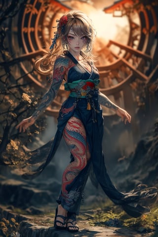 (Ultra realistic, detailed, high resolution) Full body shot of incredibly beautiful female assassin, lit by moonlight, facing front, staring at monitor, very pretty face, short cut blonde hair, mid 20s, black kimono, intricate and beautiful flower and dragon Japanese carved tattoos peeking through the flapping kimono, yakuza tattoo, Dynamic dragon, powerful aura, depth of field, high quality, high definition, Luminous Studio graphics engine, ultra-realistic portraits, character rendering for film,YakuzaTattoo