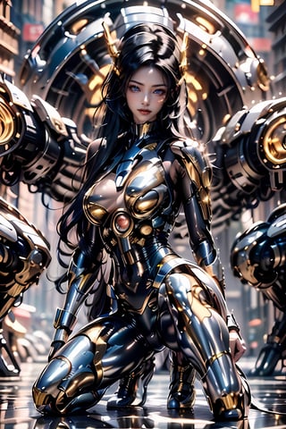 (squatting:1.8),(breast hold:1.9),(smile:1.8),pink nipple,venusbody, ( Round breasts:1.6),  (blue eyes:1.8),more machine body,(Ultra-shiny gold cyborg body covering the whole body:1.9), (Ultra-shiny SILVER Cyborg cover to protect arms and legs:1.8),more fine detail, (long hair:1.6),  (powerful light on the chest and face:1.3),  Young Sensual Gravure Idol,  teats,  (middle tit:1.6),  cyberpunked,  Golden ratio body,  face perfect,  a Pretty face,  The face of a young actress in Japan,  (long black hair:1.6),  Tied waist, perfect foot,  perfect hand,  Clean facial skin,  perfect fingers,  bob cut,  Smiled face,  A futuristic,  depth of fields,  reflective light,  retinas,  awardwinning,  ultra hight resolution,  Lights are shining all over the body,  High detailed,  parted lips,  mecha,  asian girl,  1girl,  solo,  beauty face,  perfect face,more  mecha, reflection light,  8K,  Anatomically correct,  Textured skin,  high details,  High quality, big Pink lights on the chest, red lighting at the navel area, big blue lights on the front sides, big green lights on the knees,1 girl,sexy fighting cyborg girl,High detailed ,Color magic,Saturated colors,Color saturation ,Nice legs and hot body,l4tex4rmor,shiny latex,colorful_girl_v2,wing