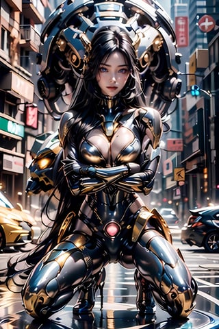 (squatting:1.8),(breast hold:1.9),(smile:1.8),pink nipple,venusbody, ( Round breasts:1.6),  (blue eyes:1.8),more machine body,(Ultra-shiny gold cyborg body covering the whole body:1.9), (Ultra-shiny SILVER Cyborg cover to protect arms and legs:1.8),more fine detail, (long hair:1.6),  (powerful light on the chest and face:1.3),  Young Sensual Gravure Idol,  teats,  (middle tit:1.6),  cyberpunked,  Golden ratio body,  face perfect,  a Pretty face,  The face of a young actress in Japan,  (long black hair:1.6),  Tied waist, perfect foot,  perfect hand,  Clean facial skin,  perfect fingers,  bob cut,  Smiled face,  A futuristic,  depth of fields,  reflective light,  retinas,  awardwinning,  ultra hight resolution,  Lights are shining all over the body,  High detailed,  parted lips,  mecha,  asian girl,  1girl,  solo,  beauty face,  perfect face,more  mecha, reflection light,  8K,  Anatomically correct,  Textured skin,  high details,  High quality, big Pink lights on the chest, red lighting at the navel area, big blue lights on the front sides, big green lights on the knees,1 girl,sexy fighting cyborg girl,High detailed ,Color magic,Saturated colors,Color saturation ,Nice legs and hot body,l4tex4rmor,shiny latex,colorful_girl_v2,wing