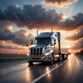 Realistic, Transportation, aesthetic, a semi-truck driving on a highway at sunset with clouds in the background, by David B. Mattingly, fine art, shutterstock, truck, trucks, istock, truck racing into camera, transportation design render, long highway