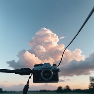 Realistic, Film, aesthetic, sky, cloud, blurry, no humans, camera, cable