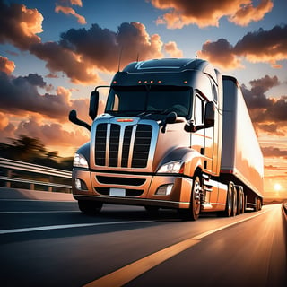 Realistic, Transportation, aesthetic, a semi-truck driving on a highway at sunset with clouds in the background, by David B. Mattingly, fine art, shutterstock, truck, trucks, istock, truck racing into camera, transportation design render, long highway