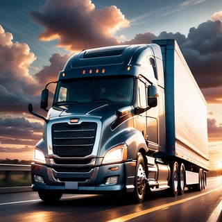 Realistic, Transportation, aesthetic, a semi-truck driving on a highway at sunset with clouds in the background, by David B. Mattingly, fine art, shutterstock, truck, trucks, istock, truck racing into camera, transportation design render, long highway