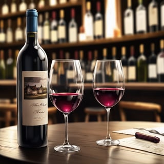 Realistic, Wine, aesthetic, blurry, cup, no humans, depth of field, blurry background, table, bottle, alcohol, drinking glass, realistic, glass, wine glass, wine, wine bottle, bar \(place\), still life