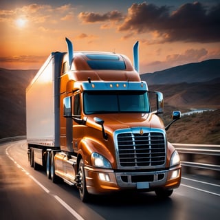 Realistic, Transportation, aesthetic, a semi-truck driving on a highway at sunset with clouds in the background, by David B. Mattingly, fine art, shutterstock, truck, trucks, istock, truck racing into camera, transportation design render, long highway