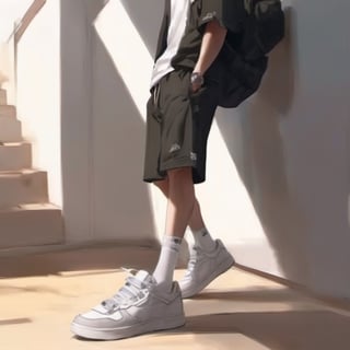 Realistic, Shoes, aesthetic, solo, 1boy, standing, male focus, shoes, shorts, socks, shadow, white footwear, sneakers, close-up, lower body