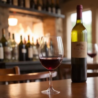 Realistic, Wine, aesthetic, blurry, cup, no humans, depth of field, blurry background, table, bottle, alcohol, drinking glass, realistic, glass, wine glass, wine, wine bottle, bar \(place\), still life