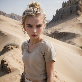 skinny, young, teen on a mountain, platinum blonde hair hazel eyes, female, (masterpiece) , handsome, pointy ears, short hair, undercut, man bun, earings, rogue, Dune style