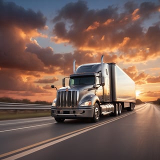 Realistic, Transportation, aesthetic, a semi-truck driving on a highway at sunset with clouds in the background, by David B. Mattingly, fine art, shutterstock, truck, trucks, istock, truck racing into camera, transportation design render, long highway
