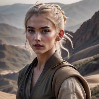 skinny, young, teen on a mountain, platinum blonde hair hazel eyes, female, (masterpiece) , handsome, pointy ears, short hair, undercut, man bun, earings, rogue, Dune style