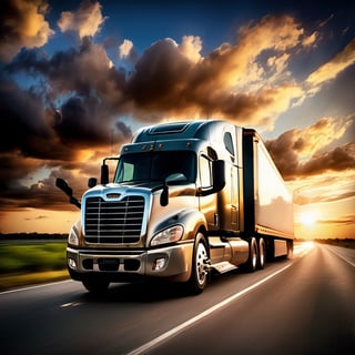 Realistic, Transportation, aesthetic, a semi-truck driving on a highway at sunset with clouds in the background, by David B. Mattingly, fine art, shutterstock, truck, trucks, istock, truck racing into camera, transportation design render, long highway