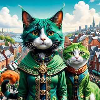 CELTS, Stunning, Illustration, mid shot, St. Patrick's Day Cats, joyful, celebrating, parade, festive atmosphere, green attire, cat ears and tails, Dublin cityscape, clear blue sky, natural light, watercolors, whimsical, contrast, vibrant colors, playful, cute, Fiona Staples, Tara McPherson, Yoshitaka Amano. detailed matte painting, deep color, fantastical, intricate detail, splash screen, complementary colors, fantasy concept art, 8k resolution trending on Artstation Unreal Engine 5