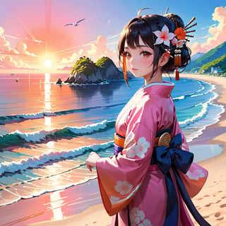Scene description: A young girl in traditional Japanese clothing stands on the beach looking out at the sunset over the sea, near the town of Wajima in Ishikawa prefecture. The sky is a vibrant orange and pink, reflecting on the calm ocean water.
Modifiers: intricate, elegant, highly detailed, digital painting, sunset lighting, vivid colors, cinematic composition, trending on artstation
Artist inspiration: Ross Tran, Craig Mullins, Wei Feng
Technical: 4K resolution, Unreal Engine 5 render,xxmixgirl