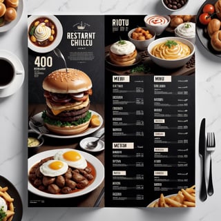 Visual Design, Menu, aesthetic, a menu for a restaurant with a variety of food items on the top of the, inspired by Konstantin Westchilov, a poster, international typographic style, restaurant menu photo, diner caffee, restaurant!!!, restaurant!, layout design, gourmet restaurant