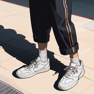 Realistic, Shoes, aesthetic, solo, 1boy, standing, male focus, shoes, shorts, socks, shadow, white footwear, sneakers, close-up, lower body