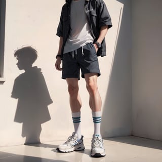 Realistic, Shoes, aesthetic, solo, 1boy, standing, male focus, shoes, shorts, socks, shadow, white footwear, sneakers, close-up, lower body