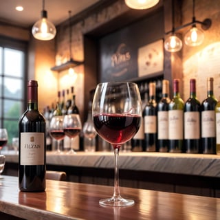 Realistic, Wine, aesthetic, blurry, cup, no humans, depth of field, blurry background, table, bottle, alcohol, drinking glass, realistic, glass, wine glass, wine, wine bottle, bar \(place\), still life